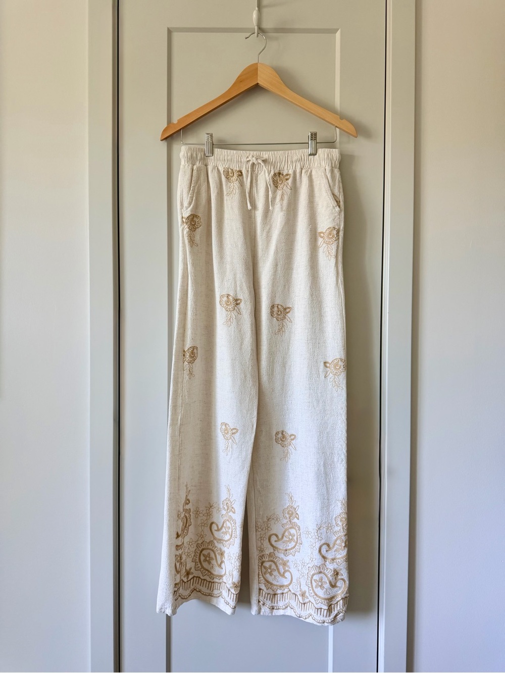 ComfyLuxe Linen Cotton Embroidered Wide Leg Pants Boho Drawstring Pockets M/L